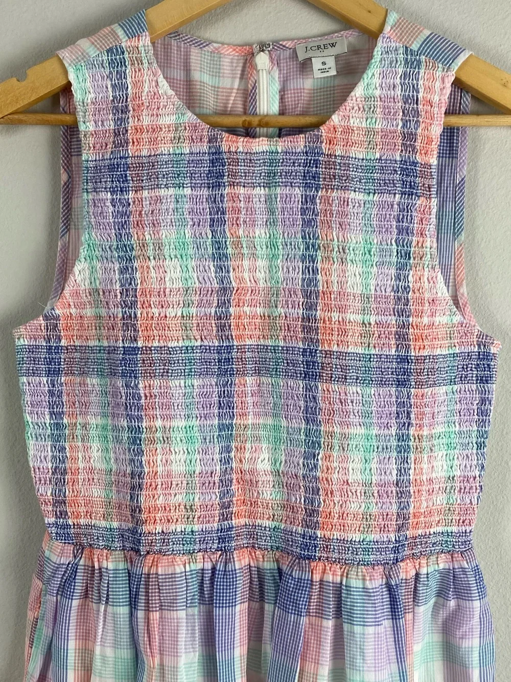 J. Crew Factory Pastel Plaid Smocked Midi Dress | 2 Pockets | Multicolor - Picture 3 of 16